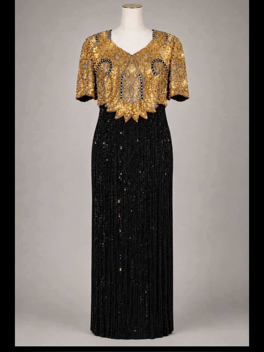 Vintage 80s Sequins Originals Silk Hand Beaded Black Gold Cape Sleeve Gown XL